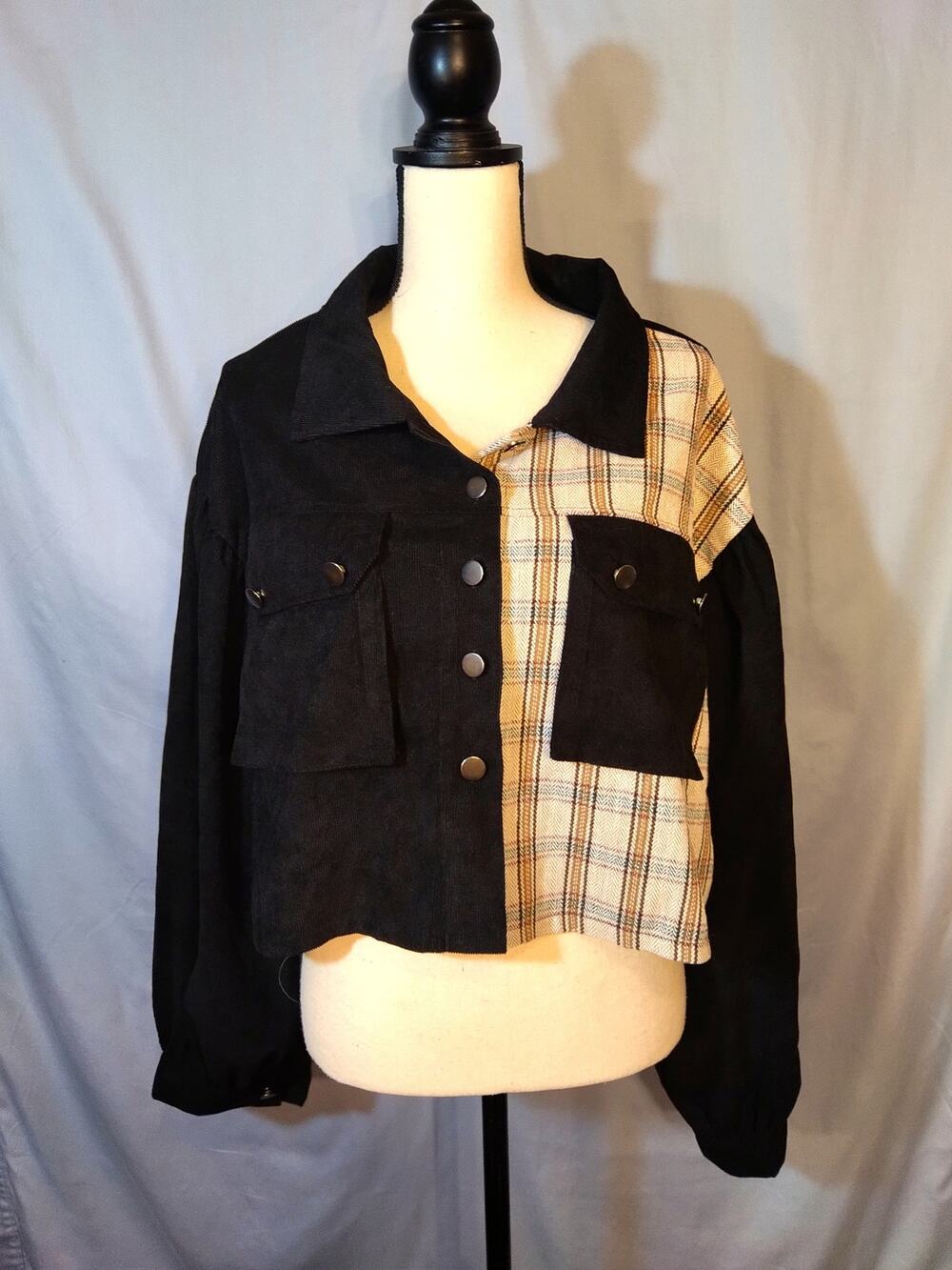 Shein Black and Plaid Slightly Cropped Shirt Jacket